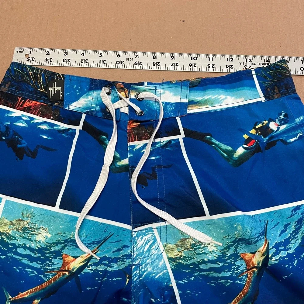 Guy Harvey AFTCO Bluewater Men's Board Shorts Size 30 Blue Marlin Photo Collage